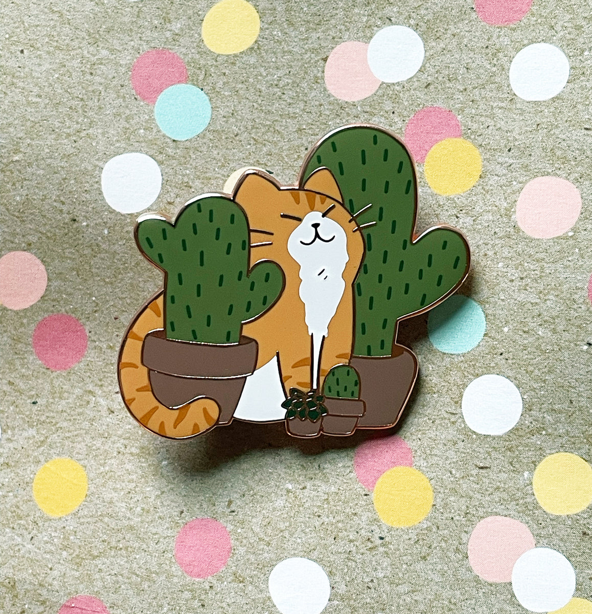 Orange Cat with Cactus Enamel Pin – mussyhead