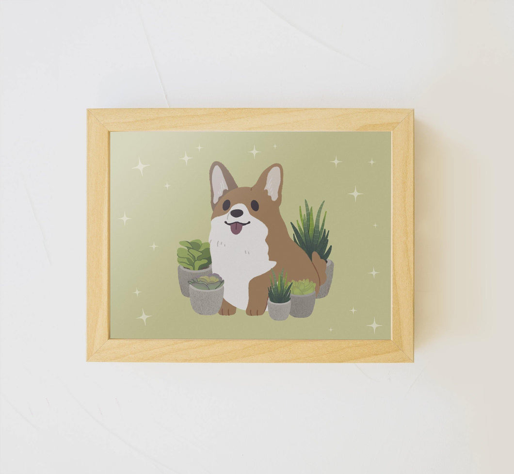 Mini Corgi with Succulents art print | 5 x 7 print | - mussyhead