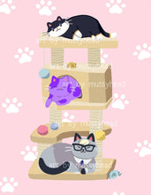 Load image into Gallery viewer, ACNH Cat Tower Fanart Print | Raymond, Bob, Punchy | 8.5 x 11 art print - mussyhead
