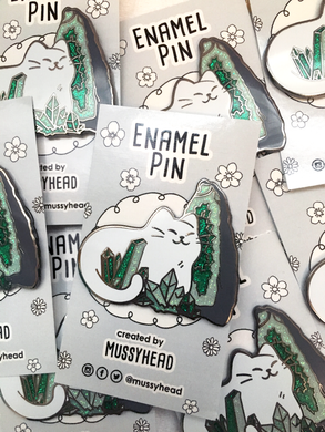 White Crystal Cat Hard Enamel Pin - mussyhead